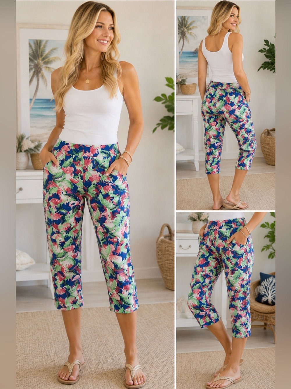 Casey Key Tropical Flamingo Capri Pants Pull-On Stretch Resort Casual Size 12